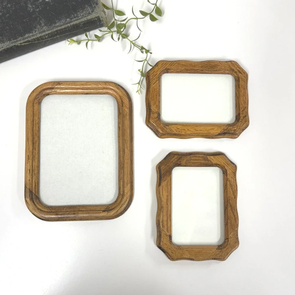 Vintage Solid Oak Wood Picture Frame Set of 3 Scalloped Rounded Rustic Brown